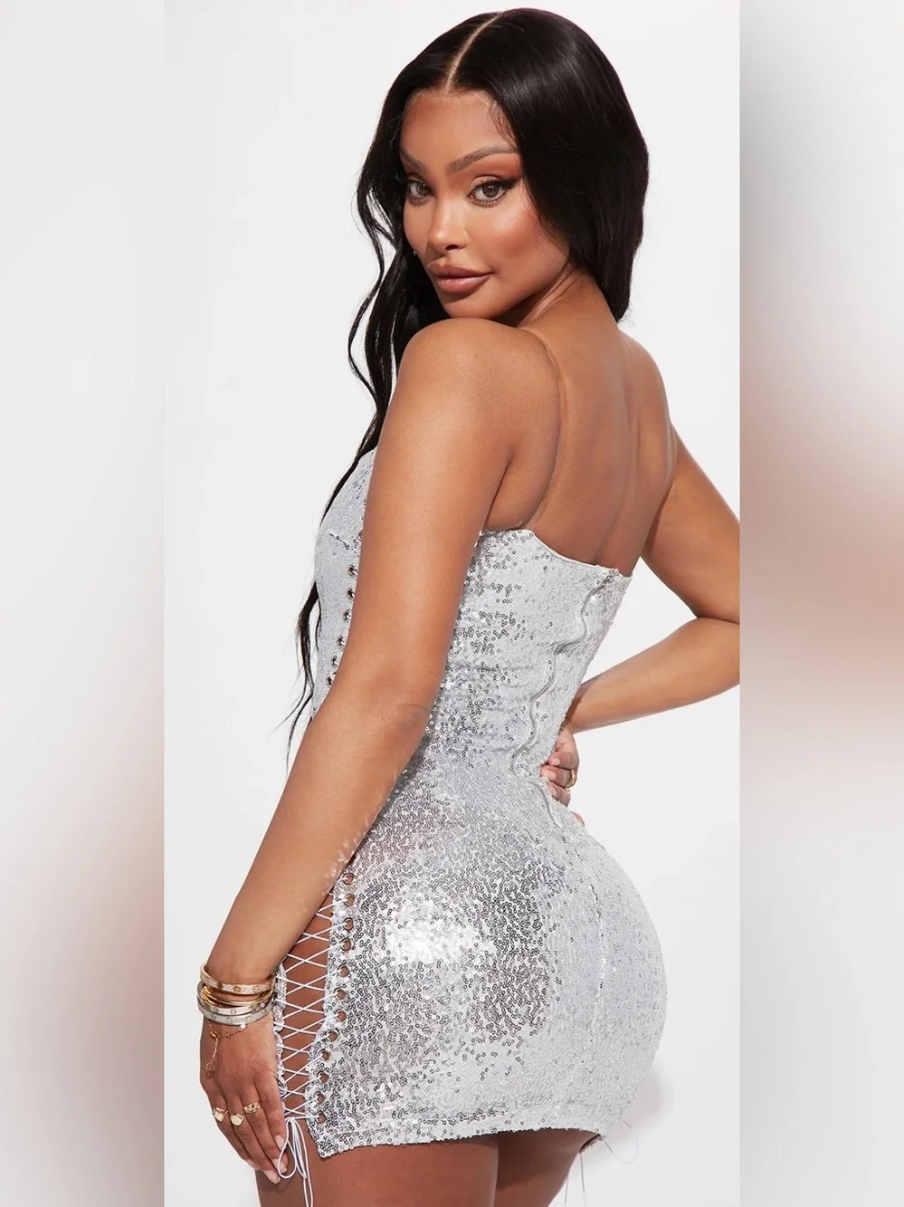 Fashion Nova Silver Sequin Lace-Up Mini Dress - Picture 3 of 4